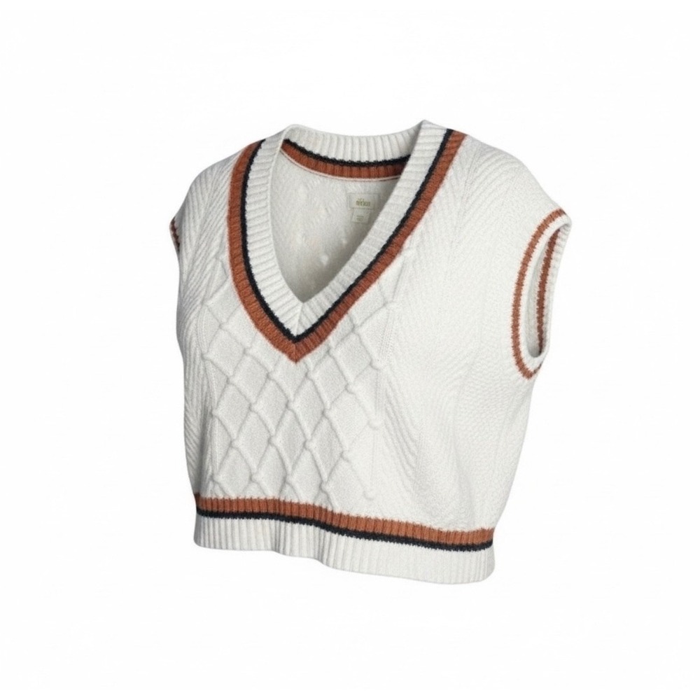 Maeve Sweater Vest Women Small White Varsity Stripe Cable Knit V-Neck Cropped